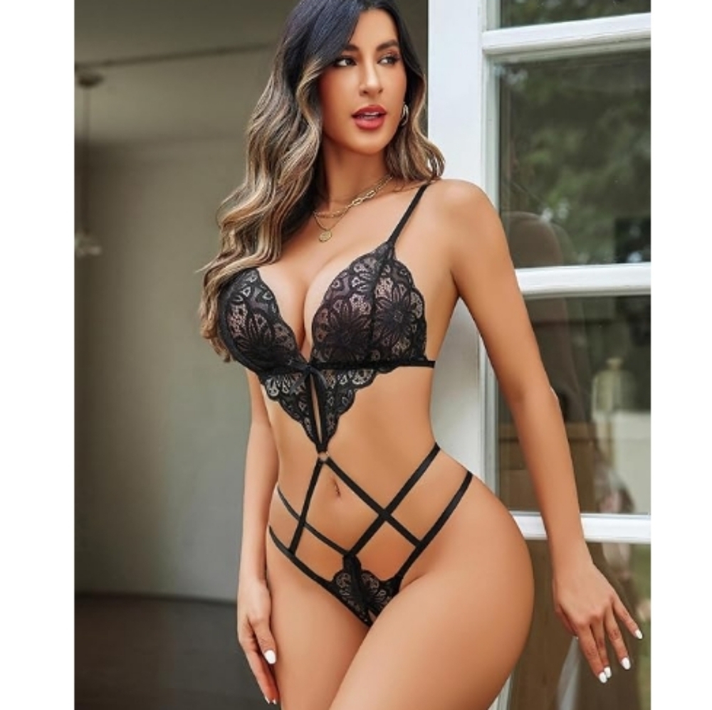 Deep V Teddy Lingerie Sexy Lace Bodysuit Cut Out One Piece Mini Babydoll Black